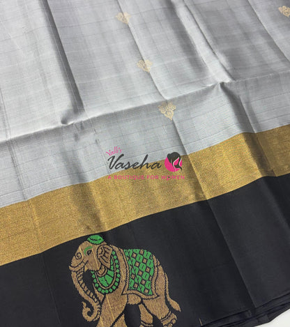 Half Mixed Soft Silk Saree - Grey with Black - VVPSS028