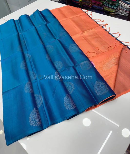 Pure Soft Silk Saree - Border Less - Blue With Peachish Orange Shade - VVPSS052