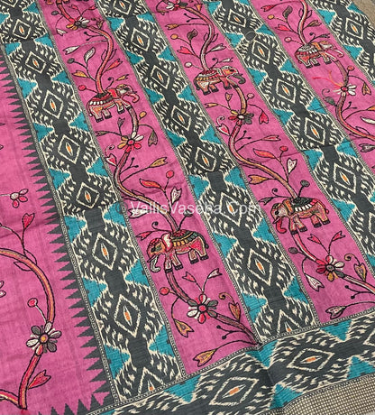 Semi Tussar - Kantha Work Embroidery - Pink Shade - VVSTK001