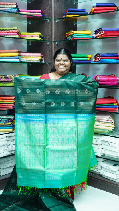 Pure Soft Silk Saree - Vaira Voosi design - Green With Teal Green ( lemon mixed) Combo - VVPSS016