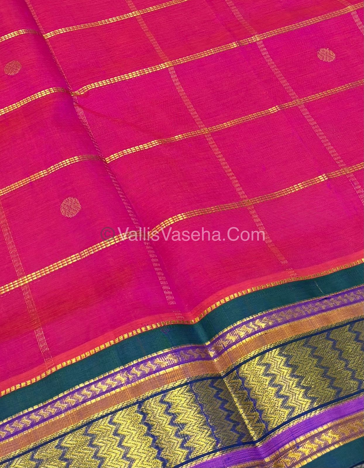 Pure Korvai Silk Cotton - Checks Pattern - Pink  with Blue Shade  - VVKSC015