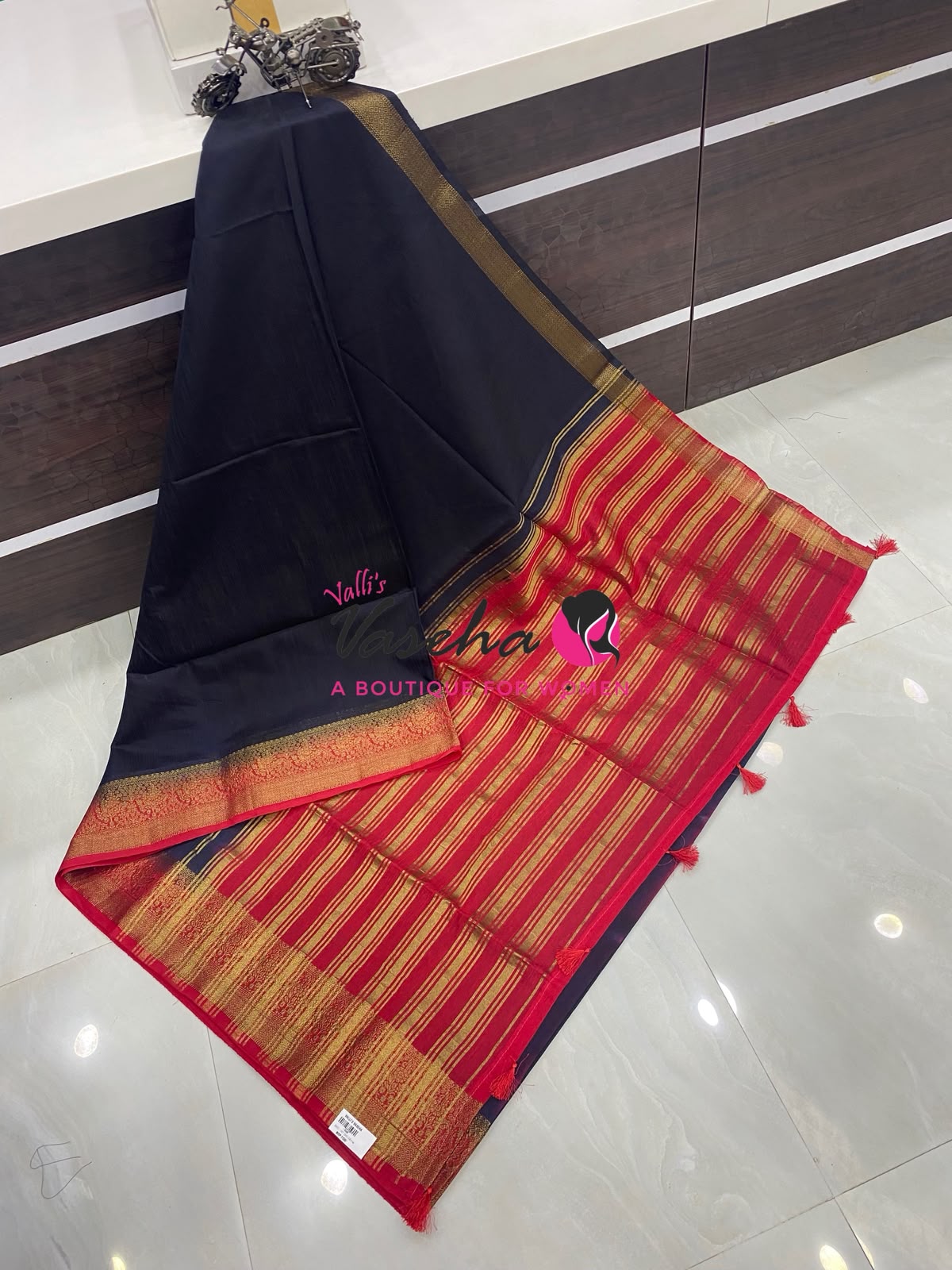 Semi Jute Silk Saree - Black  With Red Shade- VVSJS001