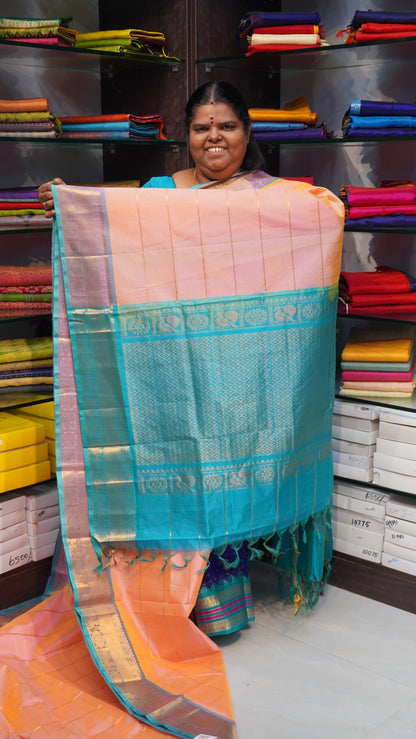 Pure Silk Cotton Saree - Mayil & Chakkaram Design - Light Peach with Turquoise Blue Combo - VVMC002