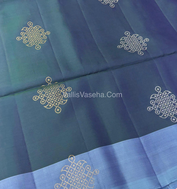 Pure Soft Silk Saree - Kolam Design blueish green & greyish blue - VVPSS074