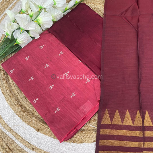 Unstitched Salwar Material -Raw Silk - Reddish Peach with Maroon Shade - VVUSM004