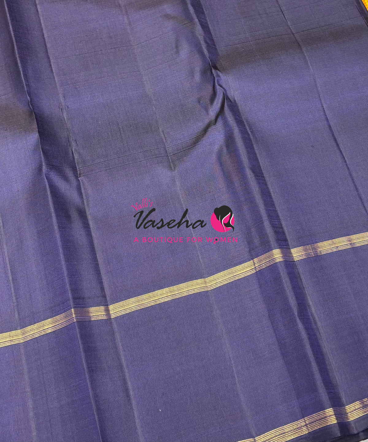 Pure Kanchipuram Silk Saree - Yellow With Navy Blue - VVPS069