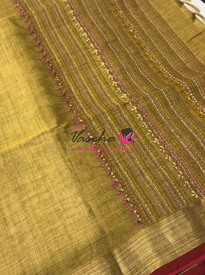 French Knot - Linen Tissue Saree - Mustard Green Shade - Heavy Work Blouse - VVLFN016