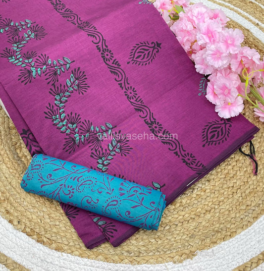 Poly Silk Mixed Printed Cotton - Purplish Pink With Blue - VVPCP002