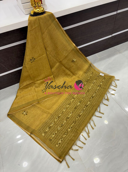 French Knot - Linen Tissue Saree - Mustard Green Shade - VVLFN015