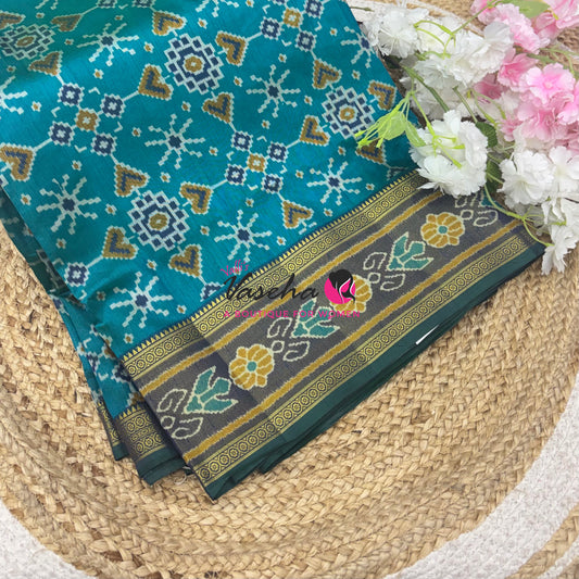 Semi Patola | Printed  Silk Saree - Light Blue With Peacock Blue Combo - VVSPS001