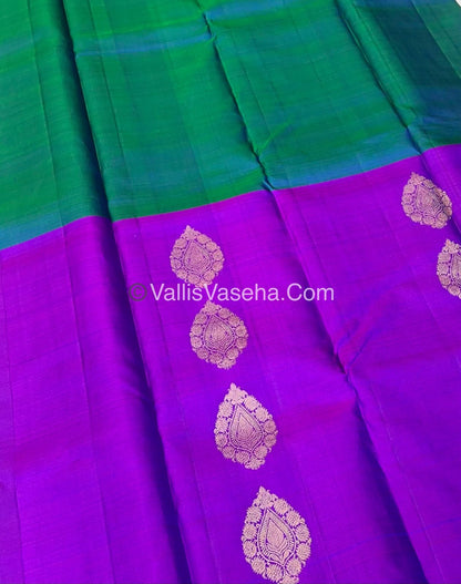 Pure Kanchipuram Silk Saree - Half & Half - Double Tone Peacock Blue with Purplish Pink Shade - VVPS014