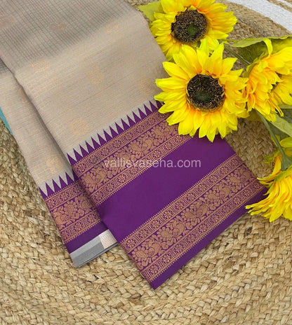 Kanchi Semi Silk - Creamish Grey with Purple - Mayil & Chakkaram design - VVKSS001