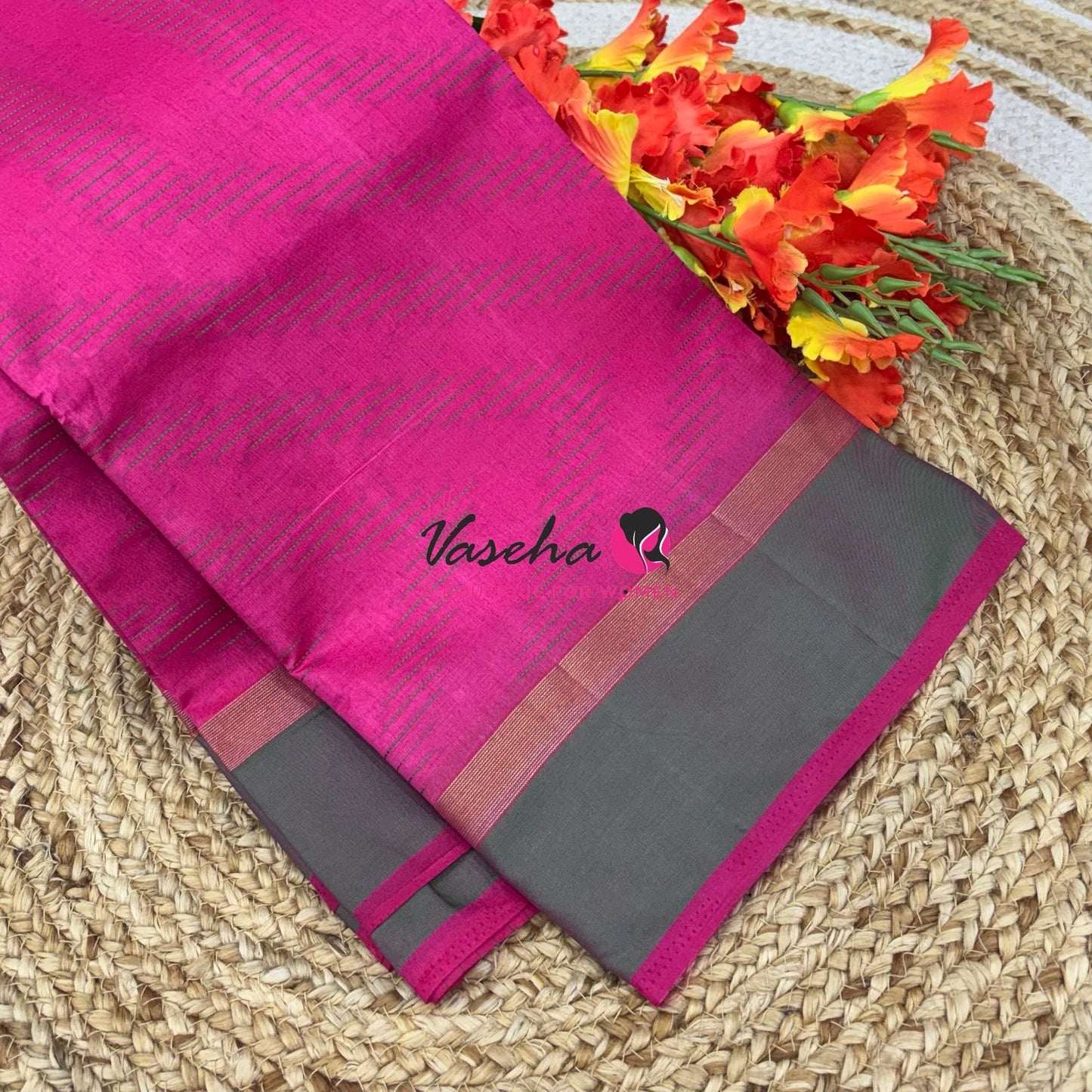 Semi Silk Saree - Thread Work Weaving - Pink With Green - VVSSS0038