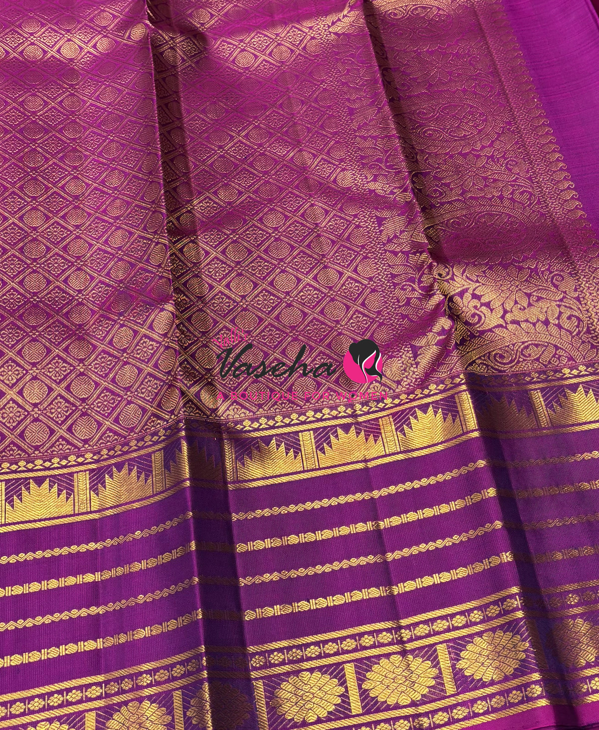 Pure Kanchipuram Silk Saree - Green With Purplish Pink - VVPS098
