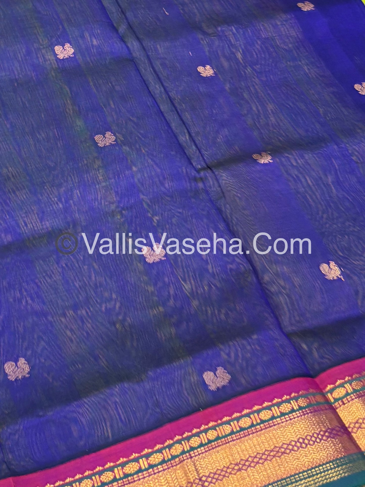 Pure Korvai Silk Cotton Saree - Sneha Green With Blue Combo - VVKSC004