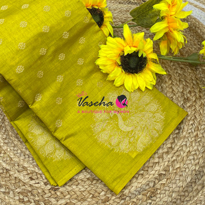 Semi Tussar Silk Saree | Lemon Green Shade |VVSTS056