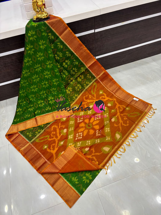 Pochampally Silk Cotton Saree - Green & Orange Shade - VVPPS001