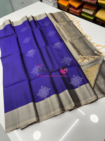 Half Mixed Soft Silk Saree - Kolam Design - Blue & Grey Shade - VVPSS077