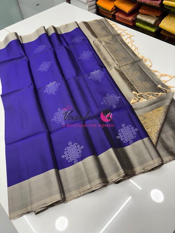 Half Mixed Soft Silk Saree - Kolam Design - Blue & Grey Shade - VVPSS077