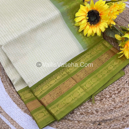 Pure Korvai Silk Cotton - Retta Petta Border - Cream With Green Combo - VVKSC010