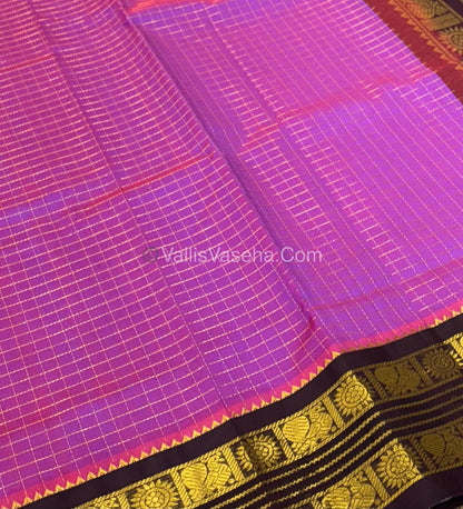 Pure Korvai Silk Cotton - Light Lavender with Brown  - Checks Pattern - VVKSC021