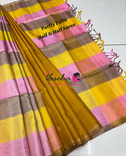 Pure Soft Silk Saree - Partly Pallu -  Half & Half Saree - Mustard Yellow  - VVPSS088