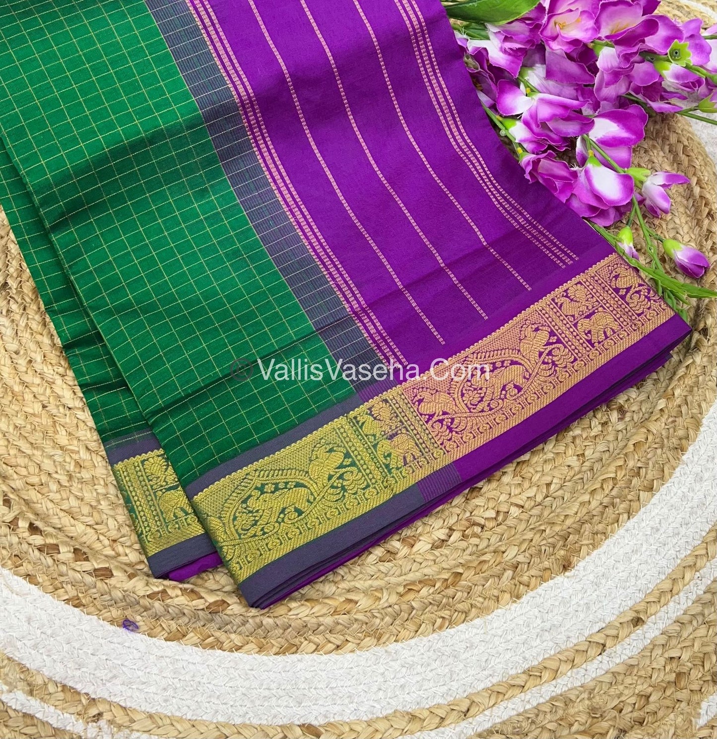 20% Offer |Semi Silk Cotton Saree |Green With Purple shade |VVSSC002