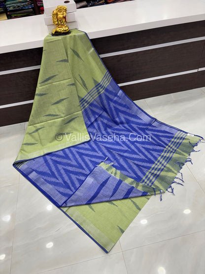 Bhagalpuri Linen Cotton Saree - Ikkat Print - Light Green With Blue  Shade - VVBLC002