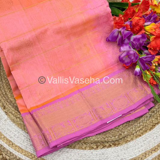 Pure Silk Cotton Saree - Mayil & Chakkaram Design - Peach With Pink Shade - VVMC001