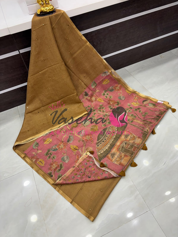 Linen Tissue Saree - Mirror Work Embroidery - Light Mustard Yellow With Pink Shade - VVLTS001