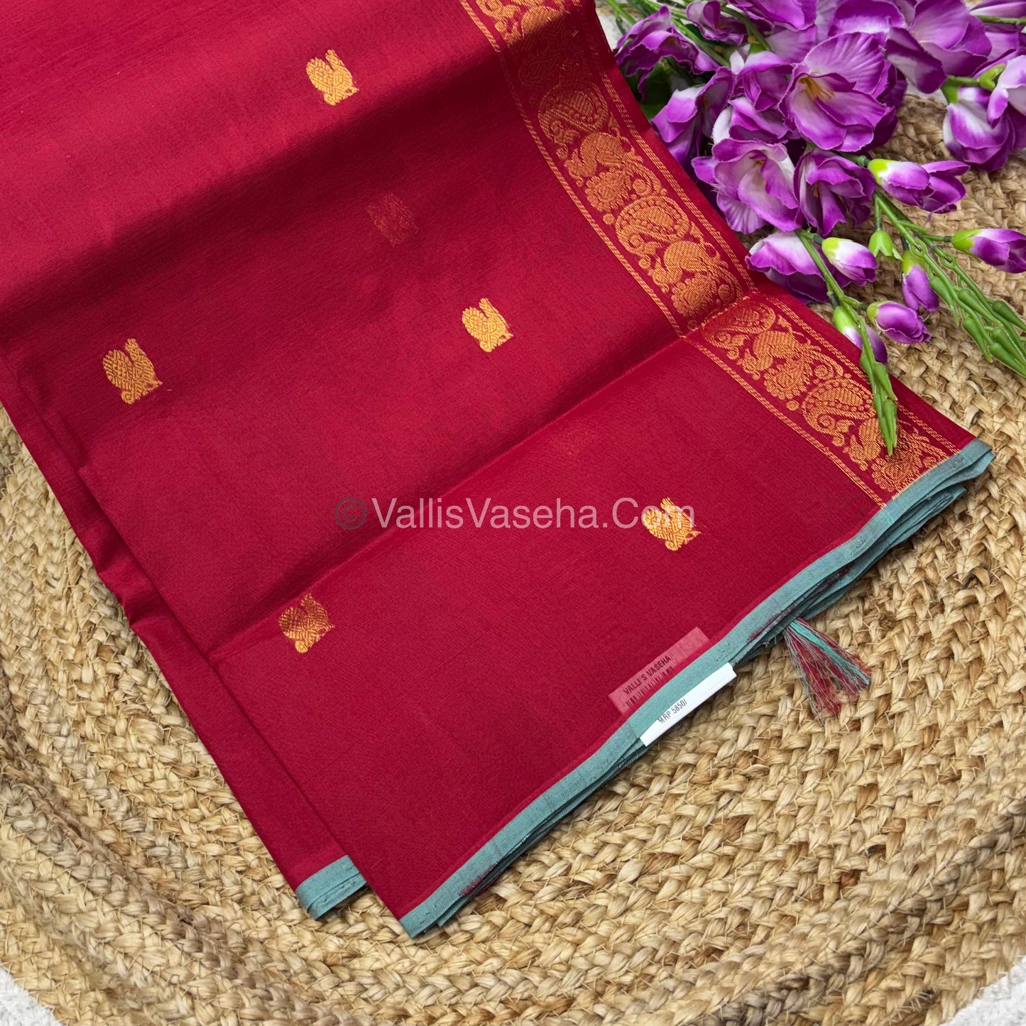 Pure Silk Cotton Saree - Red  With Blue Shade - VVPSC002