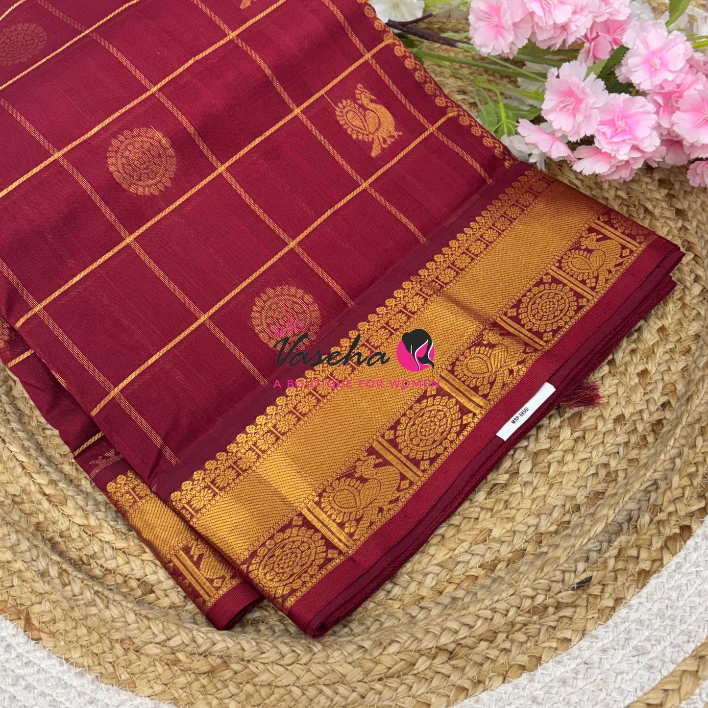 Pure Silk Cotton Saree - Mayil & Chakkaram Design - Maroon Shade - VVMC001