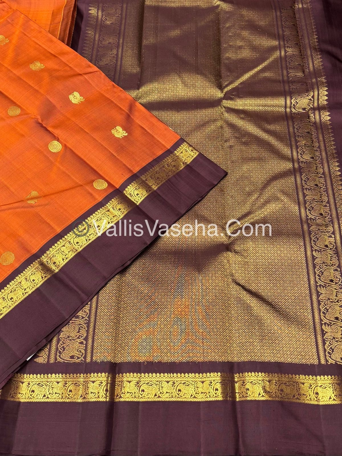 Pure Kanchipuram Silk Saree - Dark Rust Orange with Wine Brown Combo - VVPS025