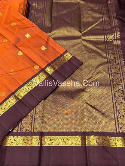 Pure Kanchipuram Silk Saree - Dark Rust Orange with Wine Brown Combo - VVPS025