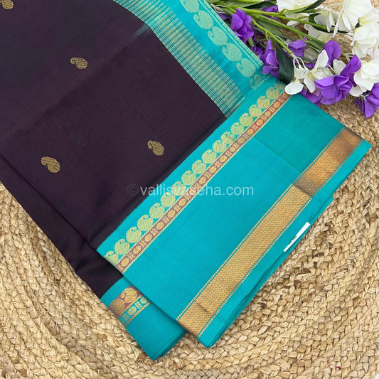 Pure Korvai Silk Cotton Saree - Dark Coffee Brown with Teal Bluish green - Retta Petta border - VVKSC004