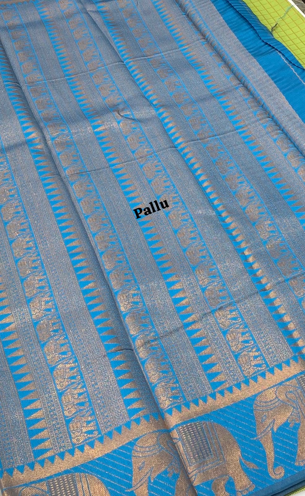 Semi Silk Saree - Kanchi Silk Style - Elephant Border - Light Green with blue   - VVSSS005