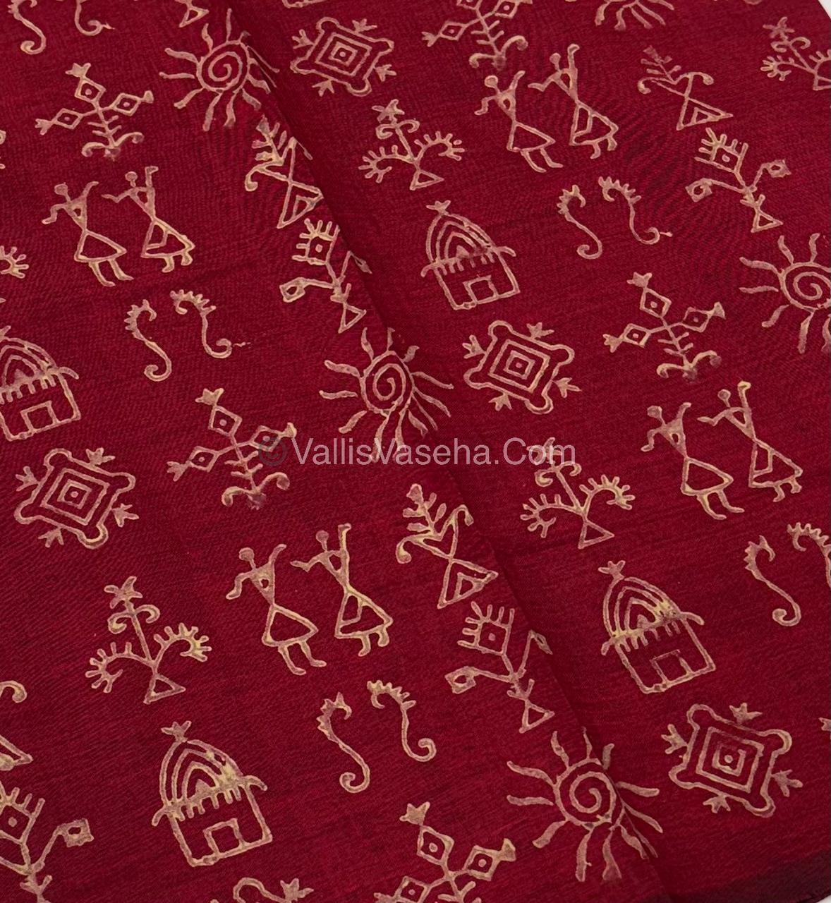 Poly Silk Mixed Cotton - Mirror Work Embroidery - Chiku with Maroon - VVPCM001