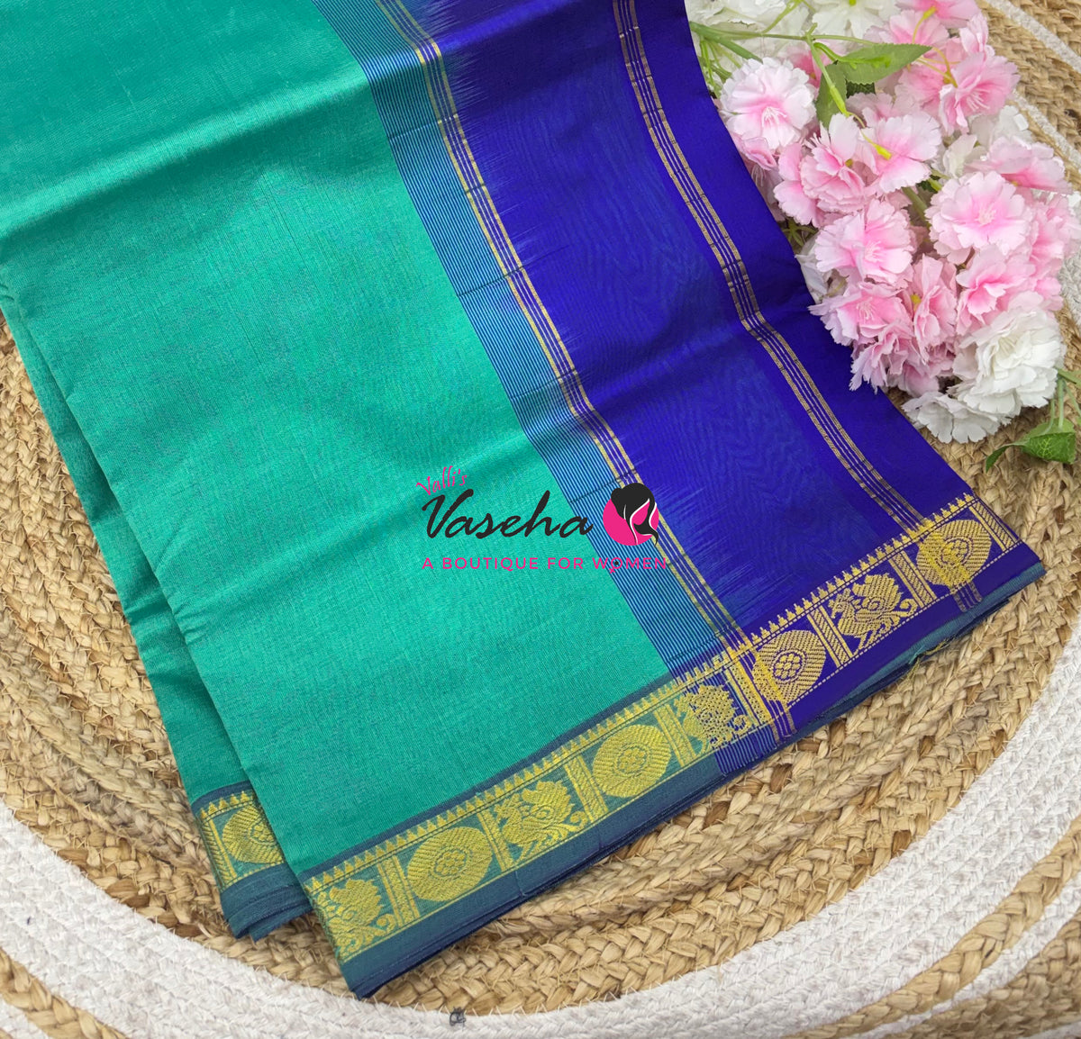 Pure Silk Cotton Sarees - Sea Green With Blue - VVPSC017