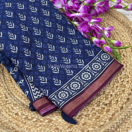 Semi Maheshwari Mixed Cotton Saree - Linen Feel - Indigo Blue & Purplish Pink - VVMSC003