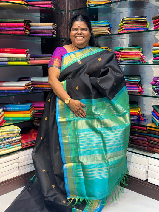 Pure Korvai Silk Cotton Saree -  Black with Teal Greenish Blue Combo - VVKSC004