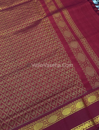 Pure Korvai Silk Cotton With Retta Petta Border - White & Black kattam pattern with Maroon - VVKSC003