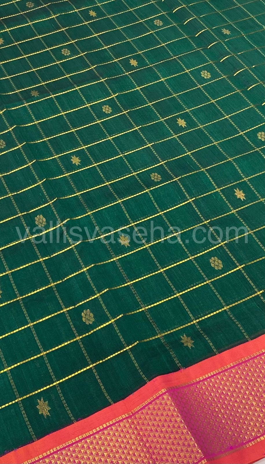 Pure Korvai Silk Cotton - Checks Pattern - Green with Peachish Pink Shade  - VVKSC015