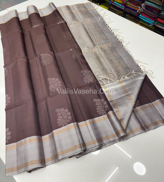 Pure Soft Silk Saree - Kolam Design - Brown & Grey Shade - VVPSS056
