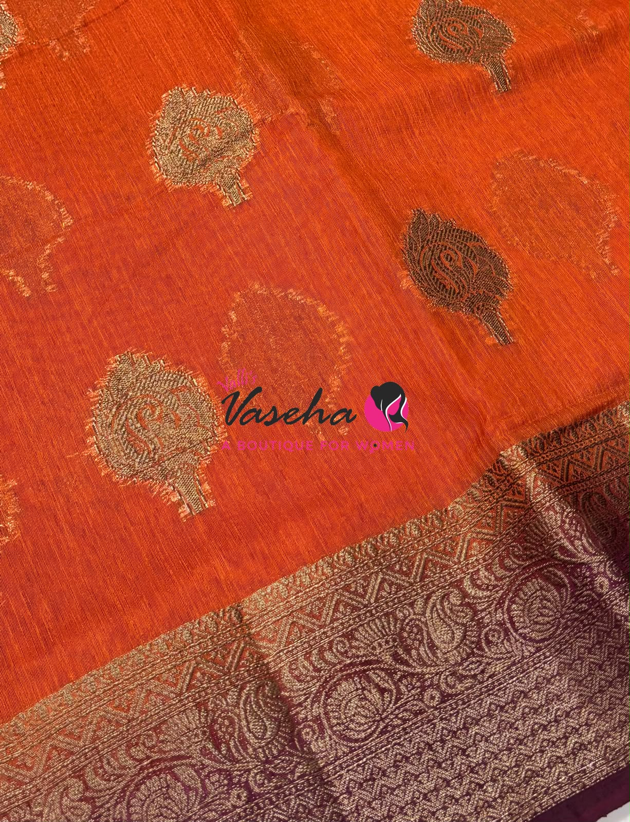 Bamboo Silk Saree - Rust Orange With Brown - VVBSS019