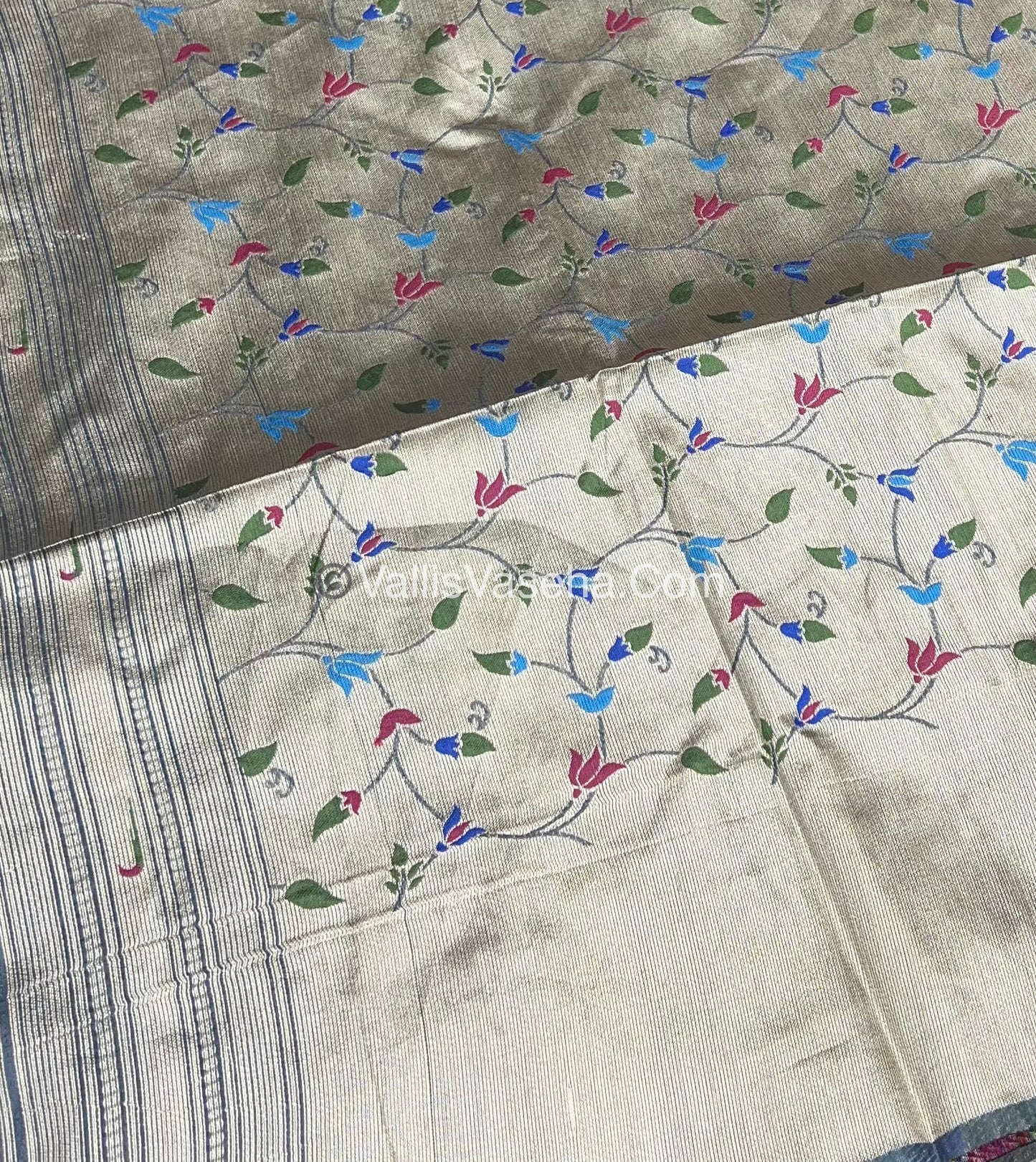 Semi Raw Silk - Paithani Design Weaving - Grey Shade - VVRS005