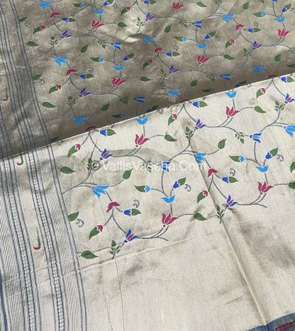 Semi Raw Silk - Paithani Design Weaving - Grey Shade - VVRS005