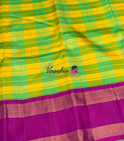 Pure Vintage Korvai Kanchipuram Silk Saree - Yellow/Green & Pink Combo - VVPS069