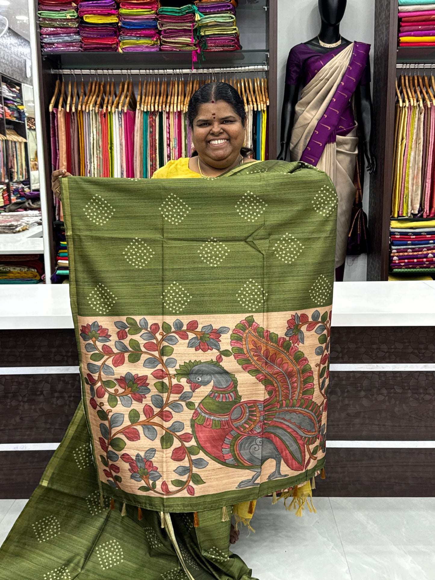 Semi Matka Tussar Silk Saree - Bandhini pattern - Green Shade - VVSMT001