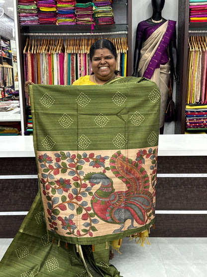 Semi Matka Tussar Silk Saree - Bandhini pattern - Green Shade - VVSMT001