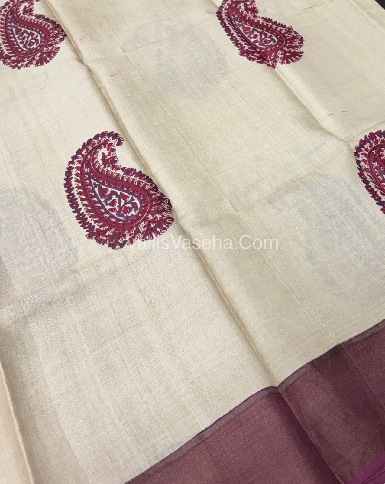 Pure Tussar Silk - Cream With Maroon Shade - VVPTS001